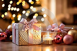 Christmas gift box with red ribbon and candle on wooden table in front of christmas tree