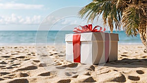Christmas gift box on the sandy beach sea with palm trees In hot sun. Present tourist trip for Christmas and New Year to tropical