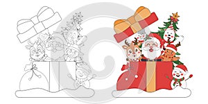 Christmas gift box with Santa Claus, snowman and reindeer and Christmas tree, Christmas theme line art doodle cartoon illustration