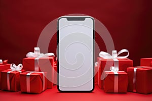 Christmas gift box with smartphone and christmas tree on red background. shopping