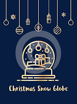 Christmas gift box in snow globe icon with christmas ornament elements hanging