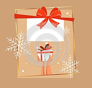 Christmas gift box in snow greeting card. Christmas present box and Santa gift bag with red ribbon and bow on winter