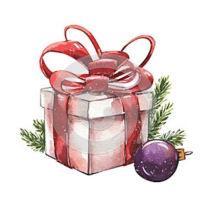 Christmas gift box, spruce tree, glass ball isolated on white background. Watercolor hand drawn illustration for design