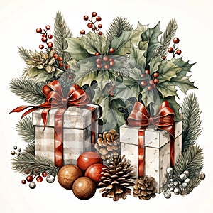 Christmas Gift Box Watercolor Style. Beige gift boxes decorated with ribbons, holly branches, pine cones and wooden round