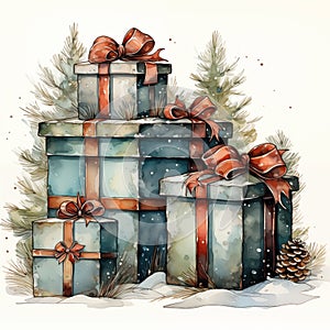 Christmas Gift Box Watercolor Style for designing Christmas and New Year greeting cards and other promotional materials. Gift