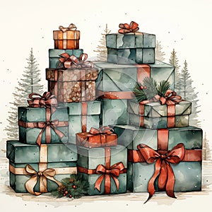 Christmas Gift Box Watercolor Style for designing Christmas and New Year greeting cards and other promotional materials. Gift