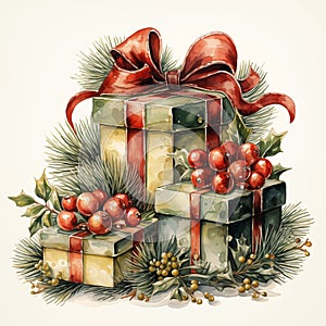 Christmas Gift Box Watercolor Style. Green gift boxes decorated with ribbons, holly branches