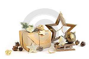Christmas gift box, wooden star, Christmas toys and bumps isolated on white background