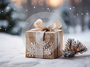 Christmas gift, box, xmas background, blur winter landscape with snow. Festive concept, copy space.