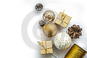 Christmas gift boxes , balls on white background