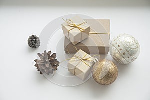 Christmas gift boxes , balls on white background