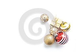 Christmas gift boxes , balls on white background