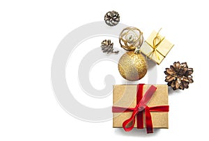 Christmas gift boxes , balls on white background