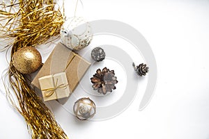 Christmas gift boxes , balls on white background