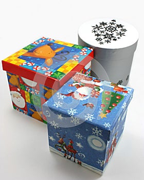 Christmas gift boxes blue, red and white