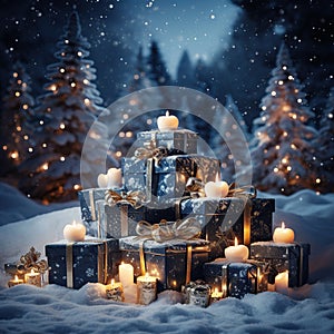 Christmas gift boxes with burning candles in the snowy forest. Christmas background. Generative AI