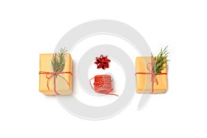 Christmas gift boxes and Christmas decoration on white background