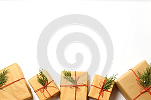 Christmas gift boxes and christmas tree on white background