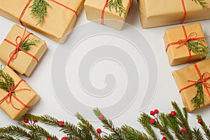 Christmas gift boxes and christmas tree on white background