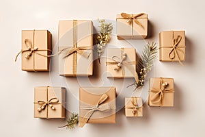 Christmas gift boxes collection with pine tree for mock up template design