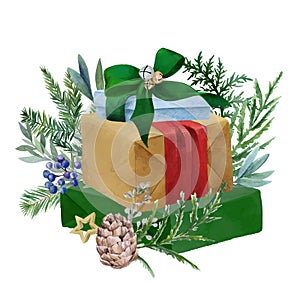 Christmas gift boxes composition with fir branches