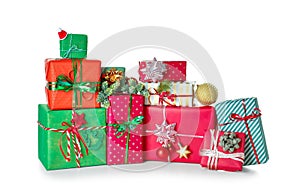 Christmas gift boxes and decorations on white background