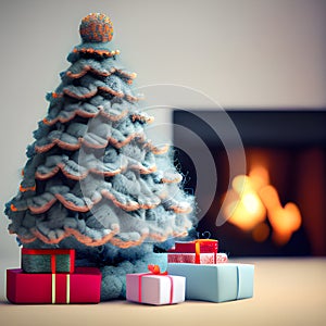 Christmas gift boxes near the burning warm fireplace. New year fir tree with shiny garlands in the living room