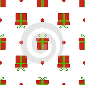 Christmas gift boxes pattern. Red xmas boxes with green bow and snow isolated on white background. Present seamless