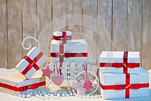 Christmas gift boxes with red ribbon bows