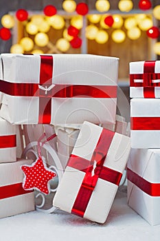 Christmas gift boxes with red ribbon bows