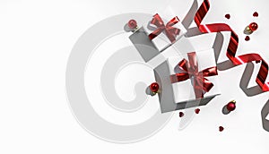 Christmas gift boxes with red ribbon and decoration on white background with bokeh, light. Xmas and Happy New Year holiday