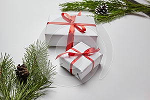 Christmas gift boxes with red ribbon and green pine tree branch with cones on white