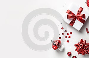 Christmas gift boxes with red ribbon, sparkles, confetti and decoration on white background. Xmas and Happy New Year holiday