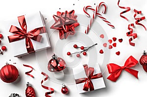 Christmas gift boxes with red ribbon, sparkles, confetti and decoration on white background. Xmas and Happy New Year holiday