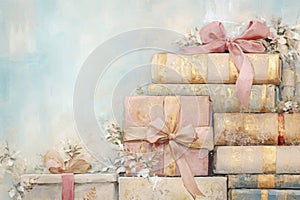 Christmas gift boxes on rustic background