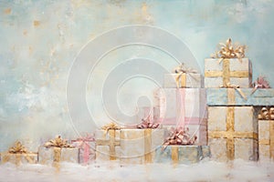 Christmas gift boxes on rustic pastel pink and blue background