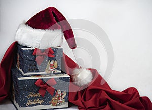 Christmas gift boxes and Santa heat Christmas card