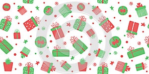 Christmas gift boxes seamless pattern. Cute vector long background, banner with hand drawn presents
