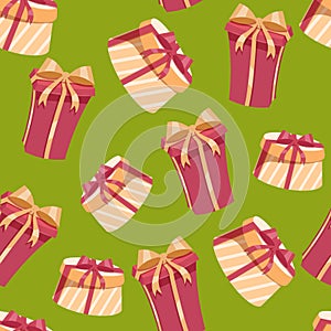 Christmas gift boxes seamless pattern. Round and rectangular boxes with red and gold ribbons and bows. Green background.