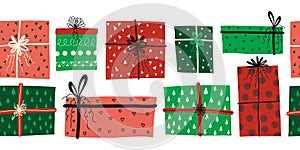 Christmas Gift boxes seamless vector border. Repeating pattern with colorful wrapped presents red green white. Christmas