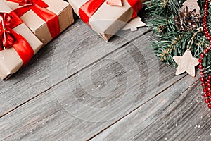 Christmas Gift Boxes On Wooden Table Copy Space