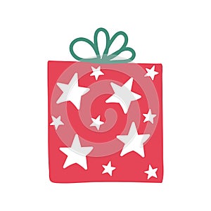 Christmas gift with bright white stars decorations. Funny red box with a surprise inside and green bow. Cartoon vector