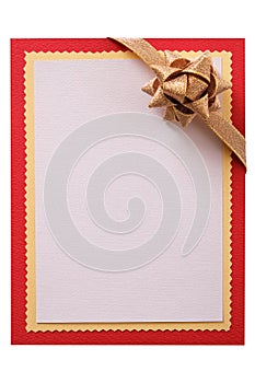Christmas gift card gold bow flat vertical isolated white background red border