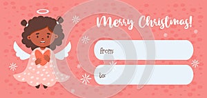 Christmas gift card tag. Little cartoon ethnic black angel girl with heart. Xmas horizontal postcard. Vector