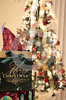 Christmas gift and christmas tree with lights