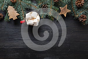 Christmas gift, coffee, marshmallow, wooden diy, evegreen fir tree. Space for text.