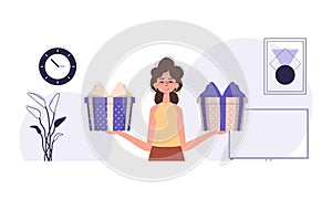 Christmas gift concept. A young woman is holding a gift box.