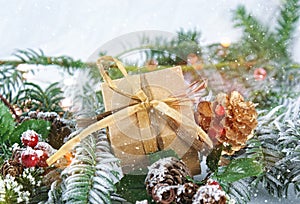 Christmas gift and decorations with snow