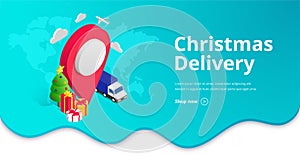 Christmas Gift delivery pin isometric banner blue