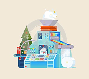 Christmas gift factory. Holiday Machine process in isometric style.